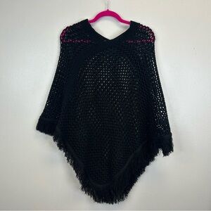 Zn Black Womens S/M Open Knit Sweater Poncho Goth Witchy Mesh Fringe 70s 90s